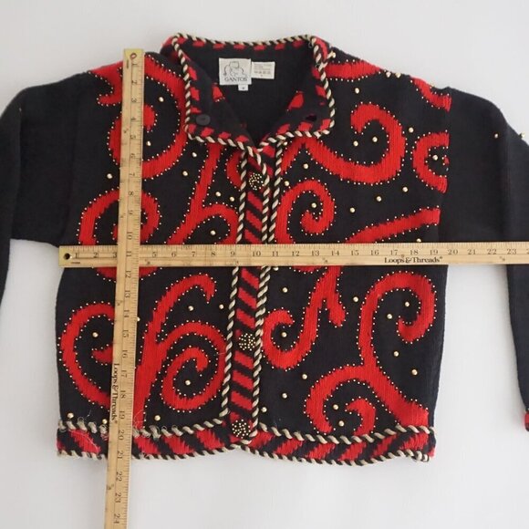 Vintage Gantos Black Knit Red Beaded Swirl Button Up Sweater M - Picture 4 of 13